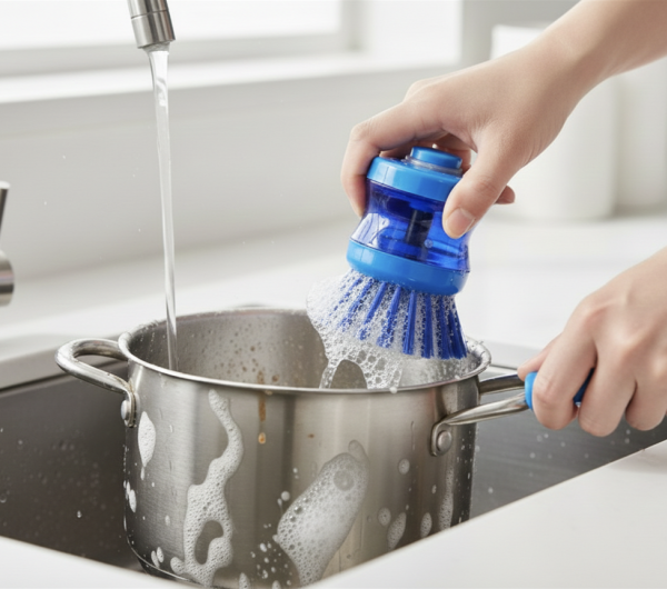 Indų plovimo šepetys su skysto muilo dozatoriumi